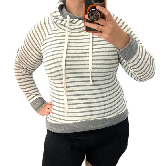 Maurices SMALL Stripe Zipper Detail Oversize Cowlneck Pullover Hooded Sweatshirt - Picture 8 of 11